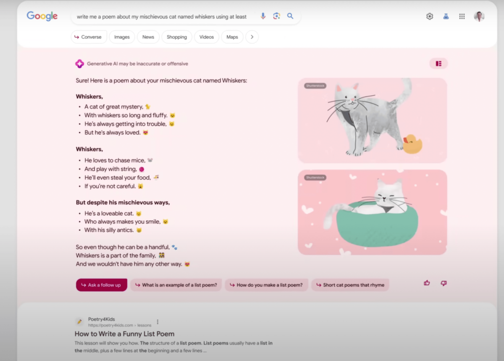 Google’s Search Generative Experience AI: New Look and Examples for when you ask for poems