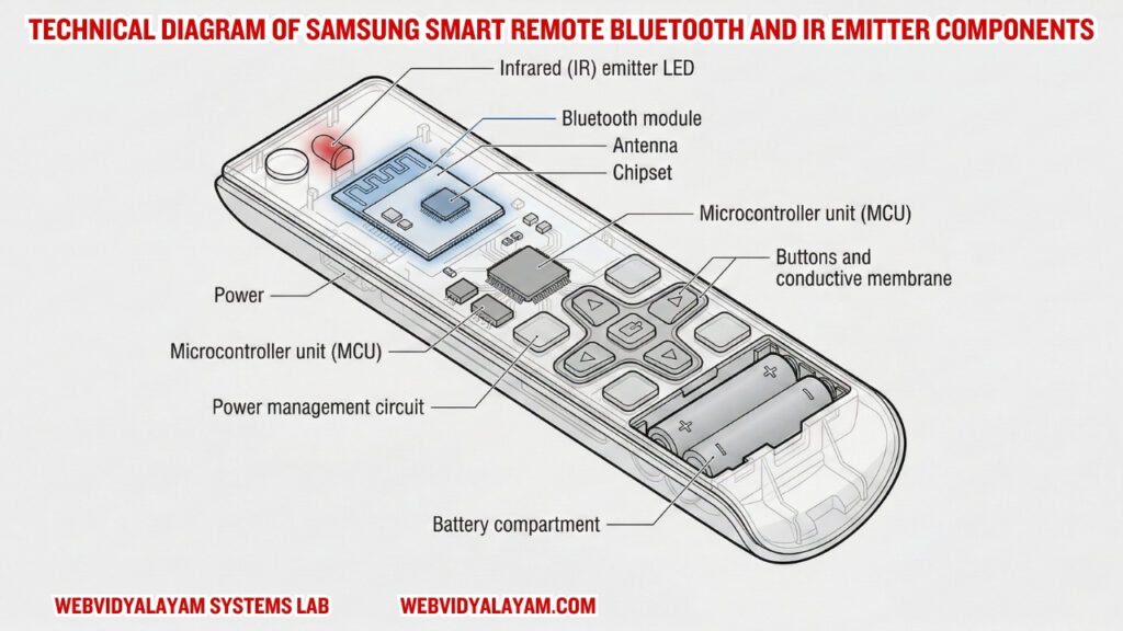 Technical diagram of Samsung Smart Remote Bluetooth and IR emitter components